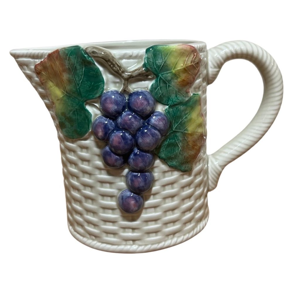 Vintage Fitz & Floyd Ironstone 1 1/2 Qt Pitcher Basket weave With Grapes